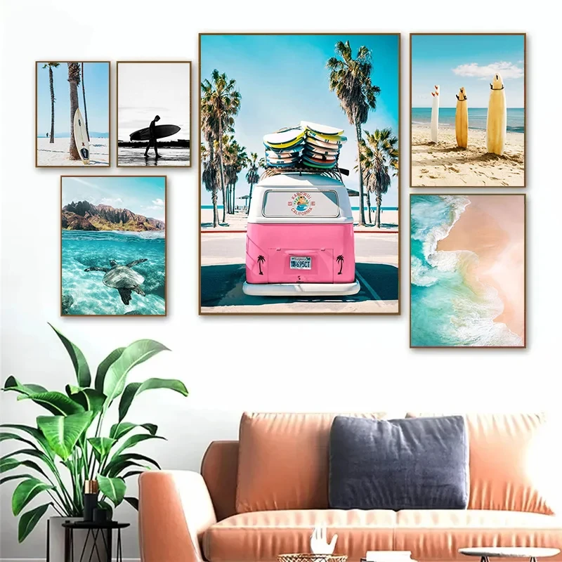 Summer Beach Bus Surfboard Ocean Waves Surfing Holiday Aesthetic Poster Canvas Painting Wall Art Pictures Home Decor