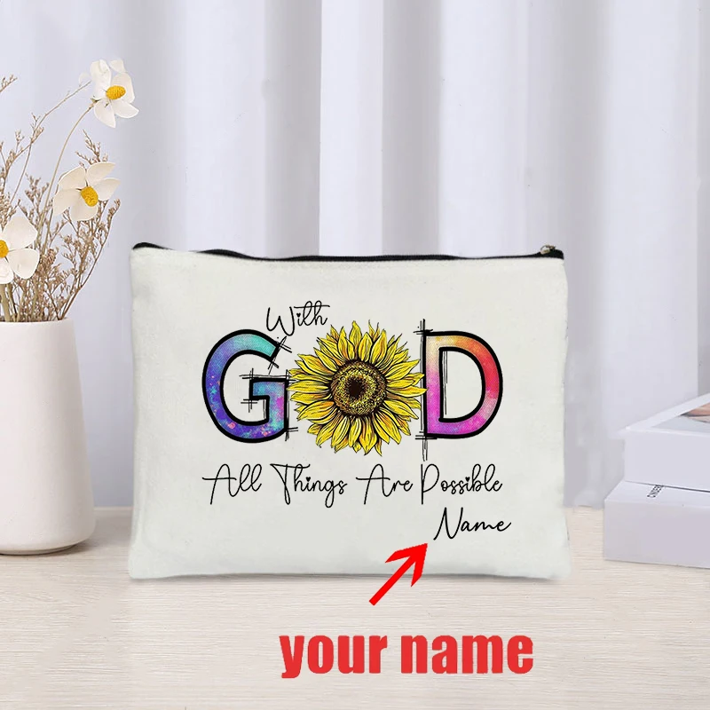 Gepersonaliseerd met God zijn alle dingen mogelijk Aangepaste naam Zonnebloem Cosmetische tas Religieuze make-up tas Christelijk cadeau Bijbelgeschenken