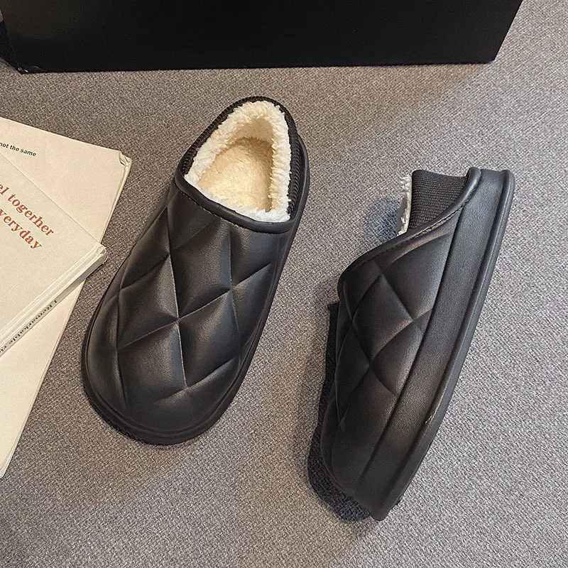 شباشب شتوية للزوجين في المنزل - أحذية منزلية مريحة من الجلد والقطيفة للجنسين، نعل مسطح ناعم غير قابل للانزلاق يشبه السحابة للرجال والنساء