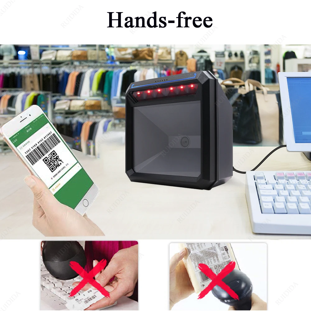 2D Desktop Barcode Scanner Omnidirectional Hands-Free Wired USB Big Barcode Reader 1D QR Screen Barcodes Scanning Scanner