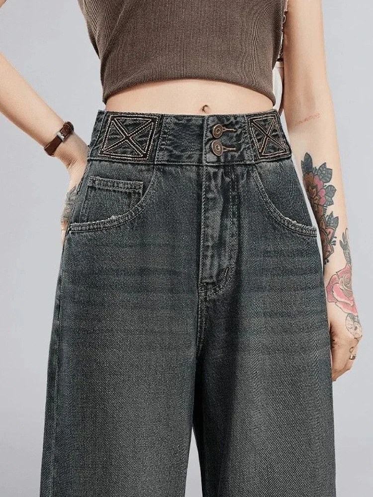 Retro cimento ey perna larga corte reto jeans feminino solto emagrecimento versátil design outono nova chegada calças compridas de cintura alta