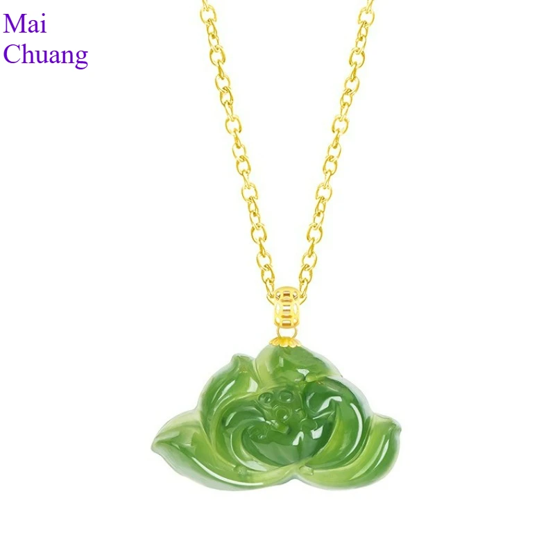 

18K Gold Buckle Inlaid Natural Hetian Jade Jasper Lotus Necklace Pendant Jade Men Give Women Fine Jewelry Accessories Gifts