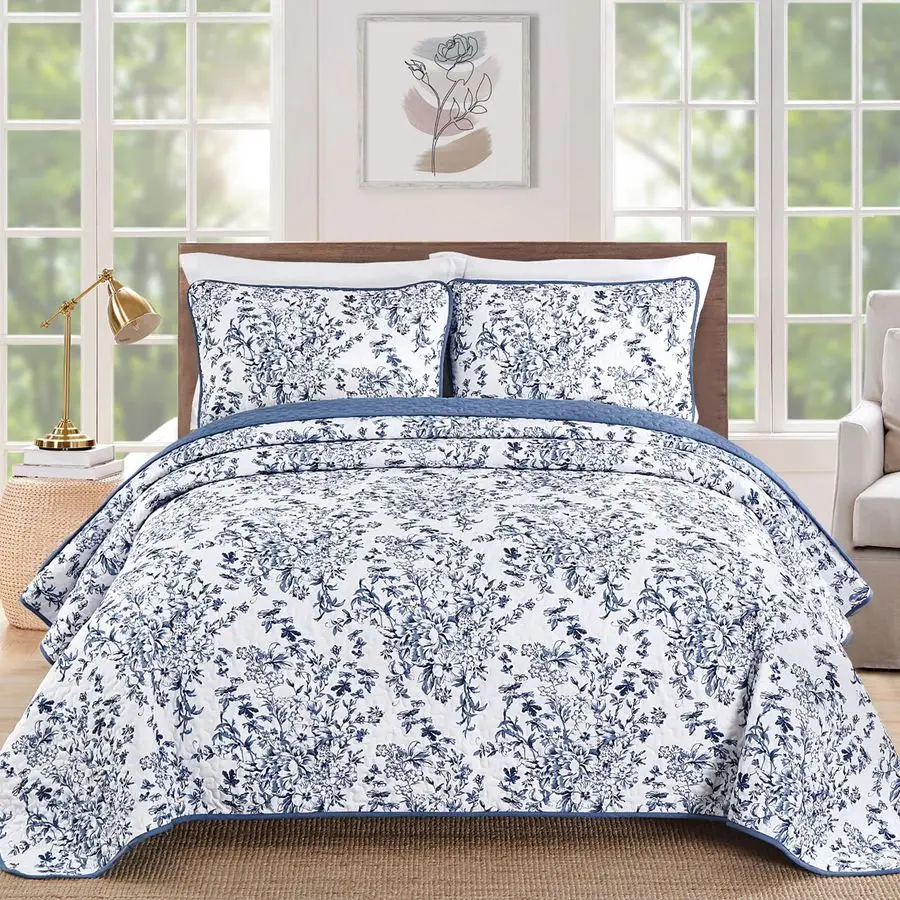 

Комплект постельного белья King Size: синее стеганое одеяло с 2 наволочками, легкое одеяло с растительным узором для кровати King Size, мягкое покрывало из микрофибры B