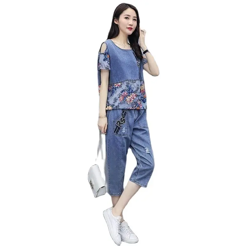 Women's Denim Suit Spring/Summer 2022 New Ladies Fashion Printing Short Sleeve Tops+ Cowboy Seven Points Pants Female 2PCS