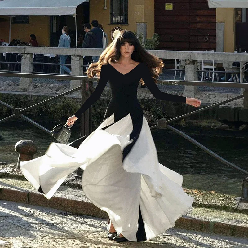 เดรสวินเทจคอวีสีดำขาวทรงเอไลน์บานปลายแขน ดีไซน์หรูหราไม่ซ้ำใครสำหรับผู้หญิง ชุดราตรีออกงานฤดูใบไม้ร่วง ชุดไปงานพรอม ชุดเดรสยาว