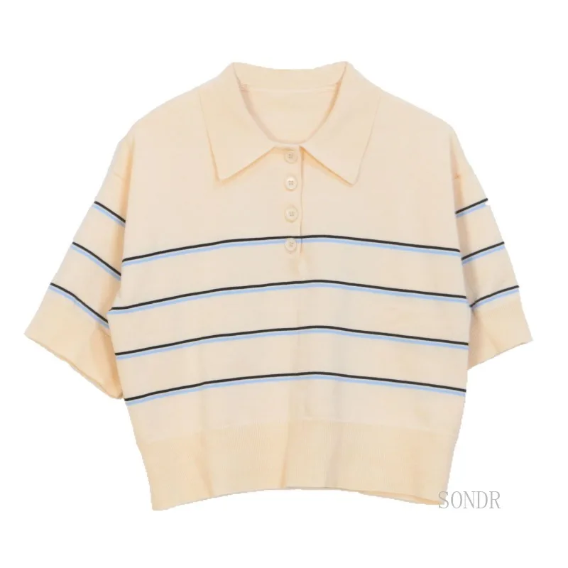 

Casual Striped Summer Top Women 2025 Spring and Summer Contrast Color Lapel Short-sleeved Pullover Knitted T Shirt Women Tops