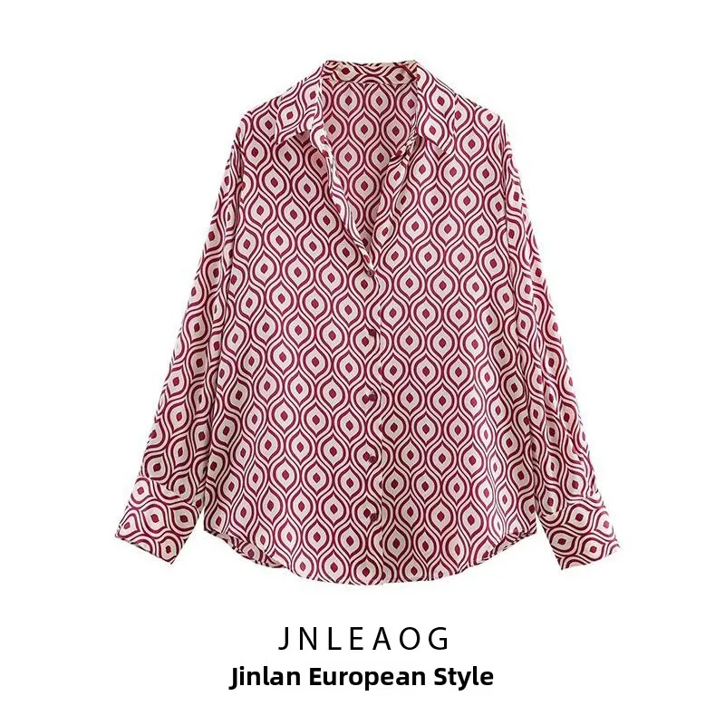 JNLEAOG 봄 신상 여성 스타일 실크 새틴 느낌 프린트 그래픽 셔츠 프렌치 스타일 루즈핏 긴팔 버튼업
