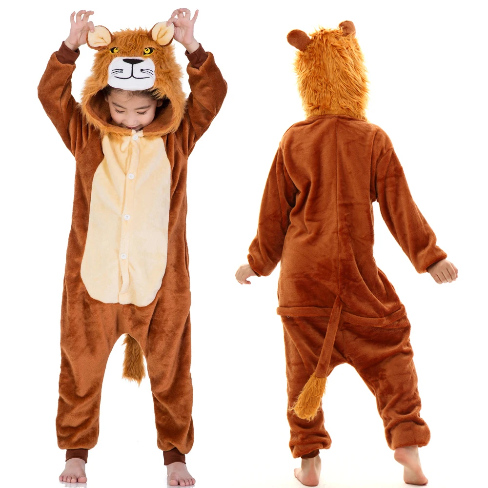 Brown Lion Cosplay Costume Onesie Kigurumi Pijama Kids Zipper Cartoon Warm Pajamas Christmas Halloween Gift Soft Homewear Pyjama