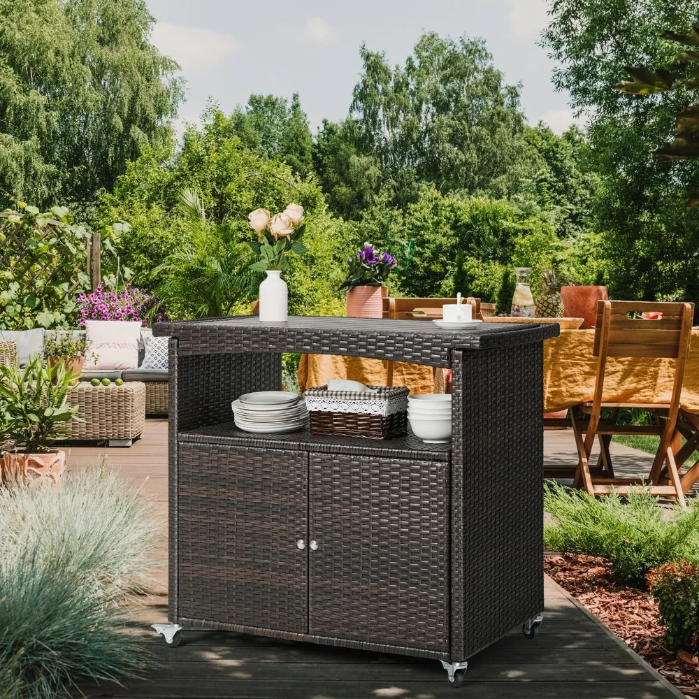 

Outdoor Storage Cabinet,Outdoor Cabinet for Patio Bar Cart with Rolling Wheels Patio Bar Table with Storage Wicker Buffet Cabine