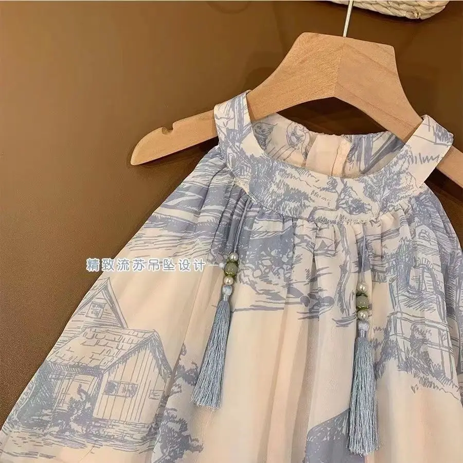 Girls' Baby Summer Set New Chinese Style Sling Top and Shorts 2-piece Set for Children's Fashion Clothing Suit