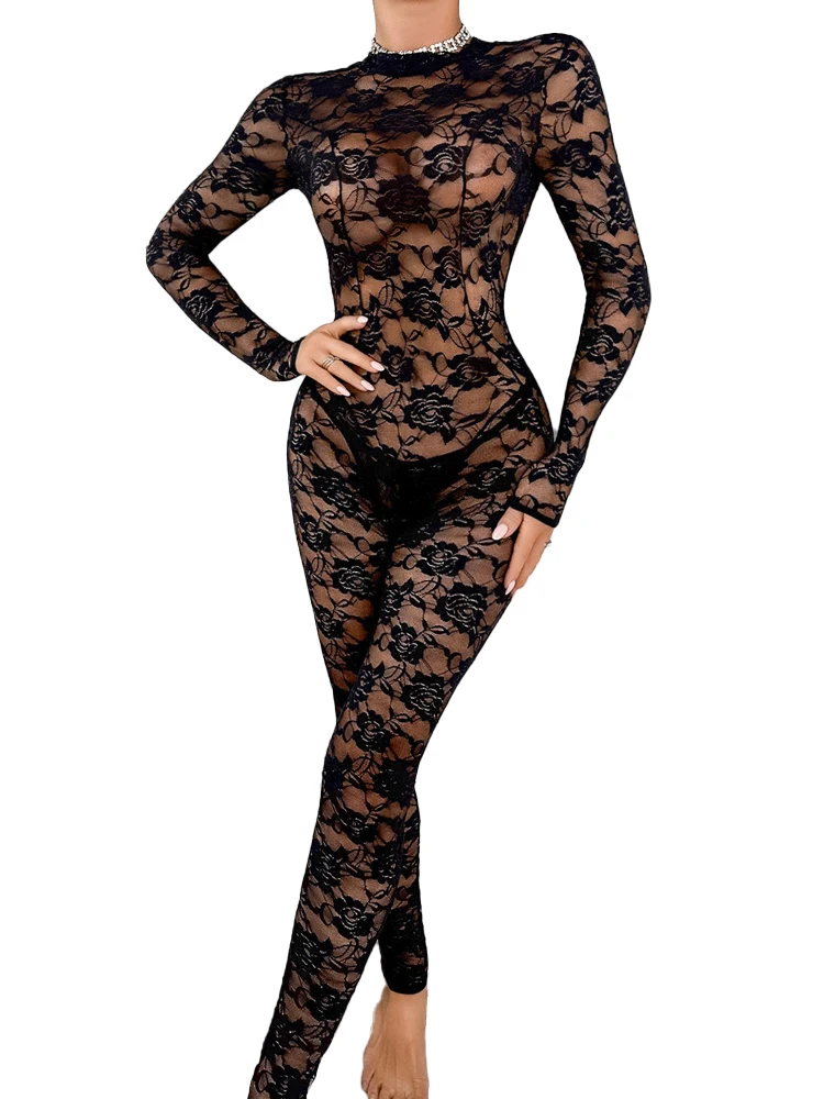 

Belamimi Puss Sexy Jumpsuit Women Coquette Midnight Stretch Long Sleeve o-Neck Skinny Elastic Workout Clubwear Thin Overalls