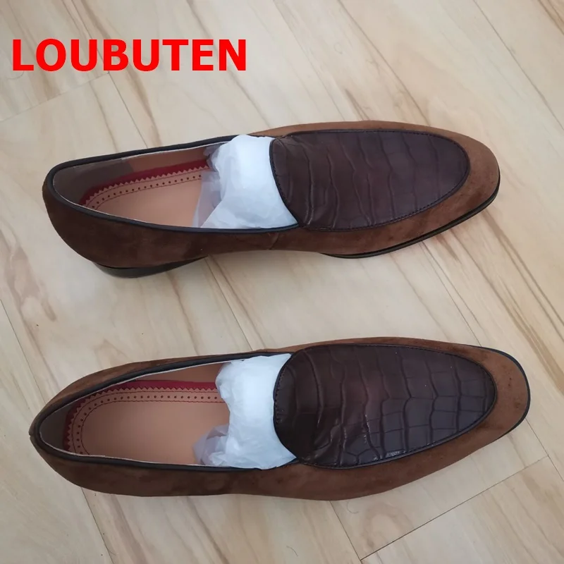 

LOUBUTEN Brown Suede Leather Slip On Shoes For Men Casual Business Loafers Office Sapato Masculino Social Driving Shoes