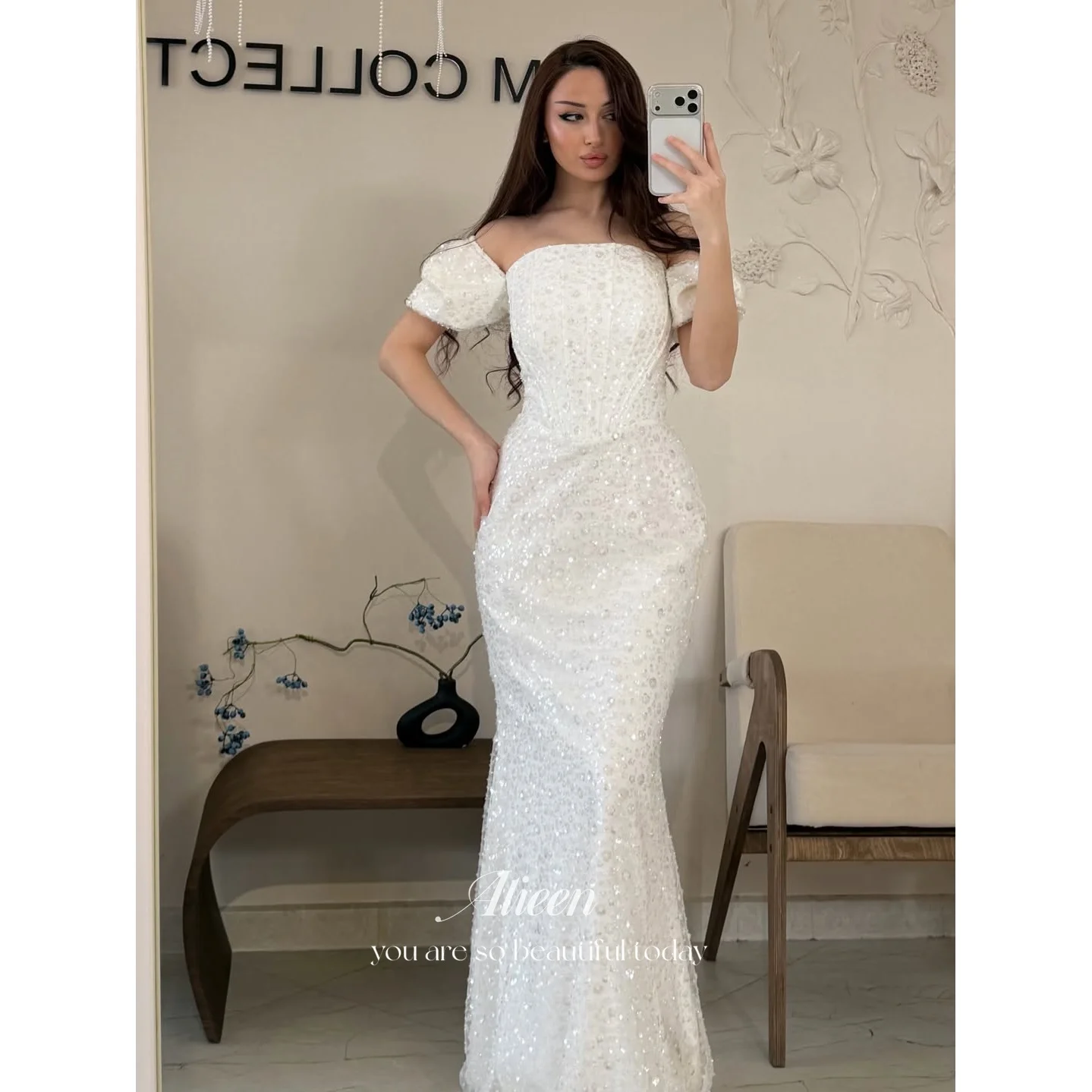 

Aileen Sequin Off The Shoulder White Mermaid Evening Dress 2026 Prom Dress Women Ladies Trendy Customized Robes de Soirée