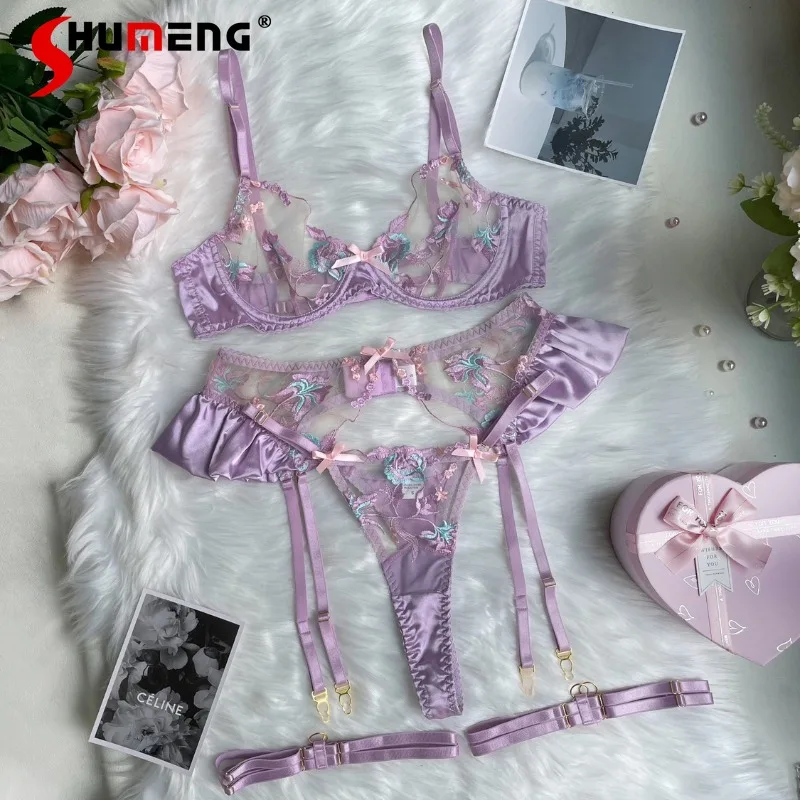 

Women's Beautiful Sexy Lingerie Outfits Pure Desire Temptation Underwire Suits Female Push Up Embroidered Floral Bra Set