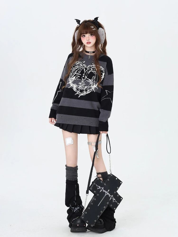 QWEEK Skull Heart Love Print Striped Sweater Gothic Goth Hrajuku Vintage Y2k Coquette Star Pullovers Knitted Knit Top 2024