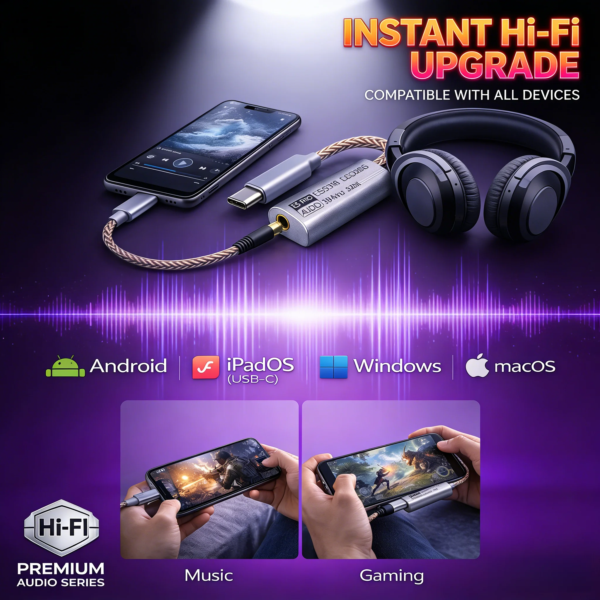 

Аудиоадаптер ES9318 ЦАП USB-C для LY Tech; 32-битный 384 кГц DSD256 Plug & Play, работает с Android iPad Windows macOS