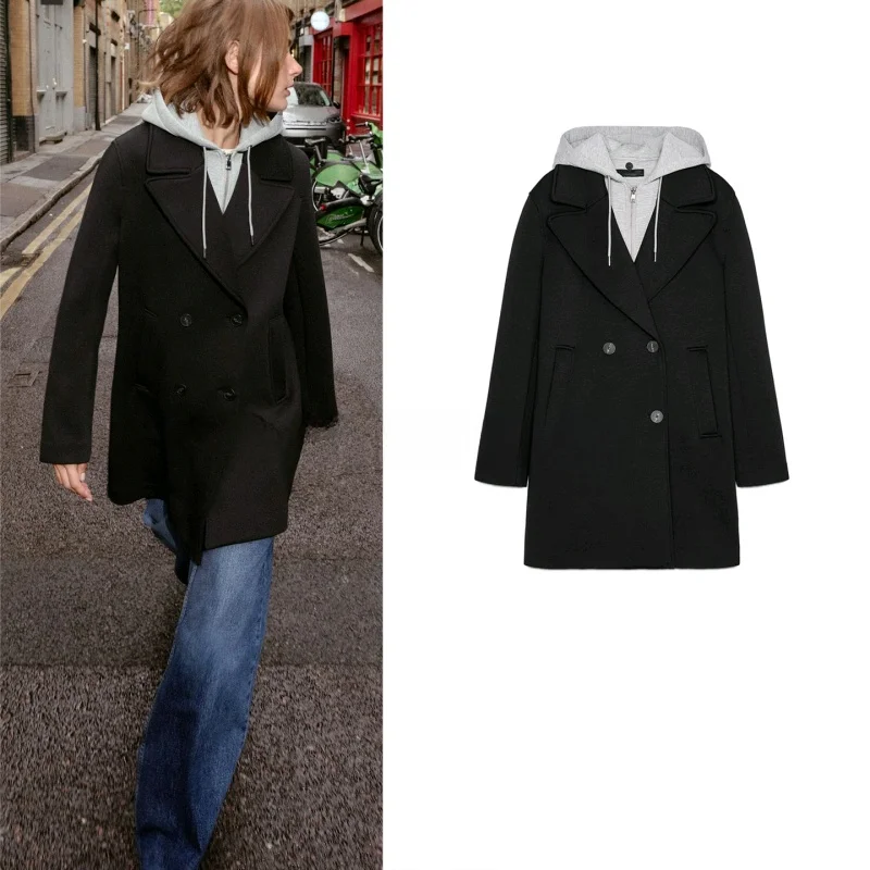 

Fall New Women's Double Trim ket Detachable Dstring Hooded Coat Jaet 8073039 Straight Sle Long Sve Polyester Fiber