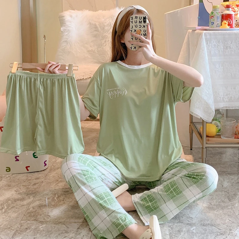 3 Sets Of New Summer Women's Pajamas Set Of Short-Sleeved Long Pants Casual Girls Homewear Sets Teenage Homewear