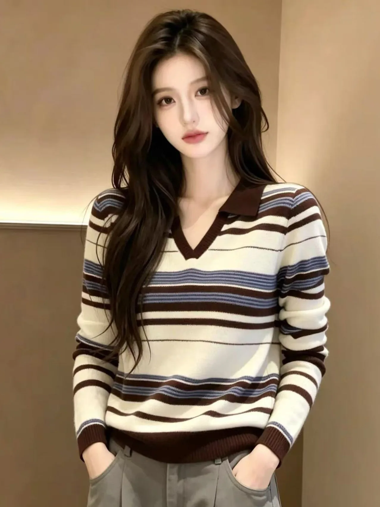 2026 Autumn New Style Women's V-neck Knitwear Stripe Color Block Long Sleeve Slimming Top Korean Retro Loose Fit Regular Length