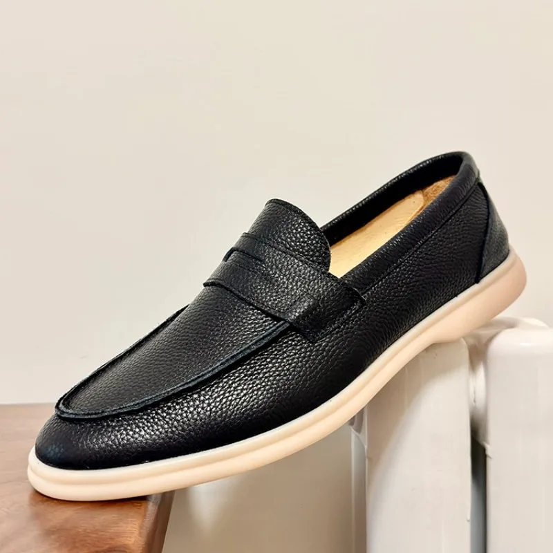 Luxury Full Grain Leather White Loafers Flexible Cushioned Outsole Slip-on Daily Driving Footwear for Men