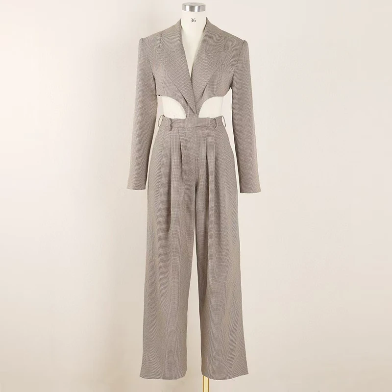 Completo intero da donna a quadretti, giacca sexy in vita ritagliata, pantaloni a gamba larga con decorazione della cintura, pantaloni lunghi di alta qualità,