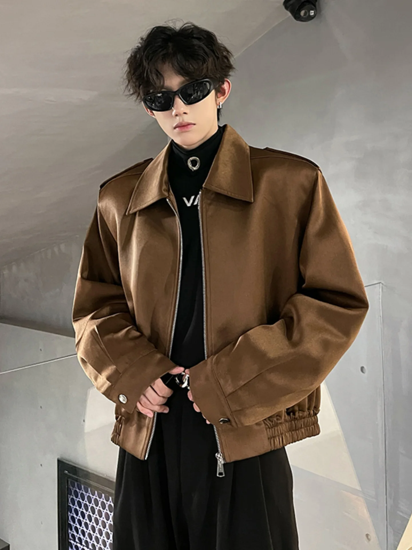 

Men's ort Flight Jaet Satin oulder Pad Sle American High Street Cool Top Outerwear Youth Trend Autumn Winter Leather ...