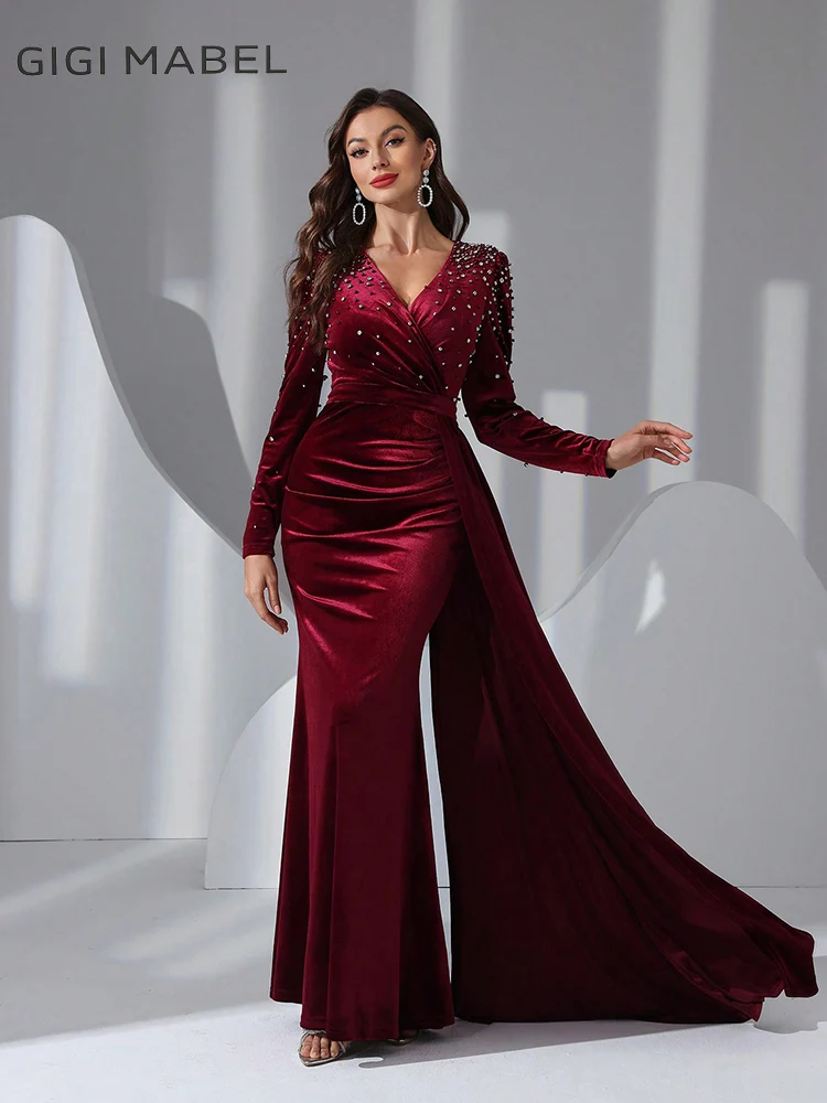 

GIGI MABEL Women Long Sleeve Rear Zipper Manual Bead Crystal Embellish Formal Dress Elegant Prom Evening Gown For Wedding Guest