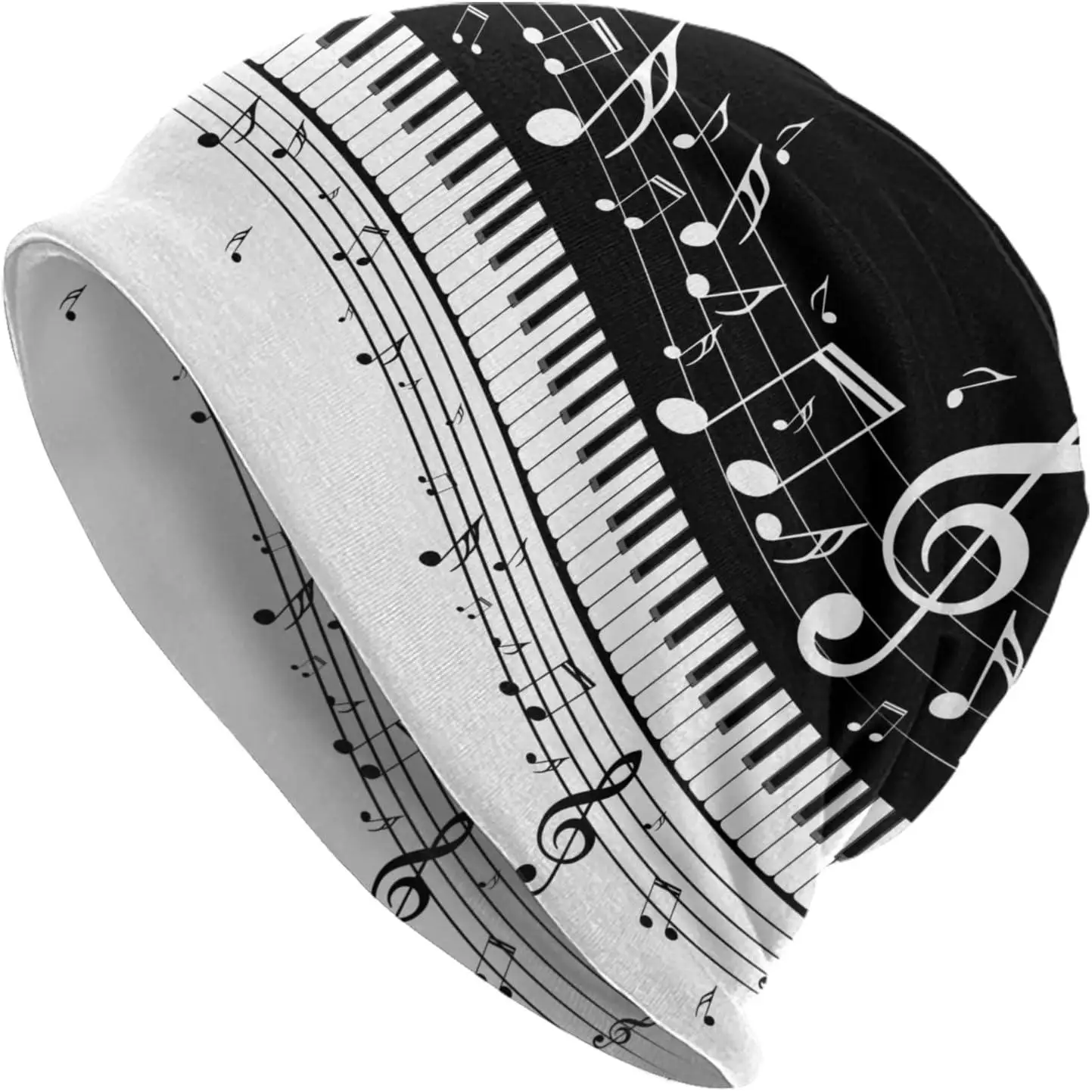 

Black and White Piano Music Notes Beanies Thin Bonnet Cap Casual Skull Cap for Jogging Cycling For Men Women Daily Wear