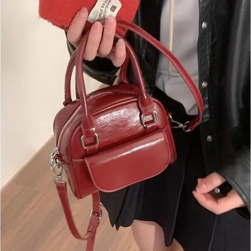 Xiuya Vintage Red Womens Handbag Korean Style Fashion Wedding Small Shoulder Bag Leather Exquisite Casual Female Crossbody Bag