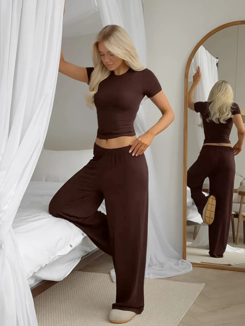 Marthaqiqi Home Clothes Ladies O-Neck Sleepwear Short Sleeve Nightgown Crop Top Nightwear Pants Casual Female Pajama 2 Piece Set