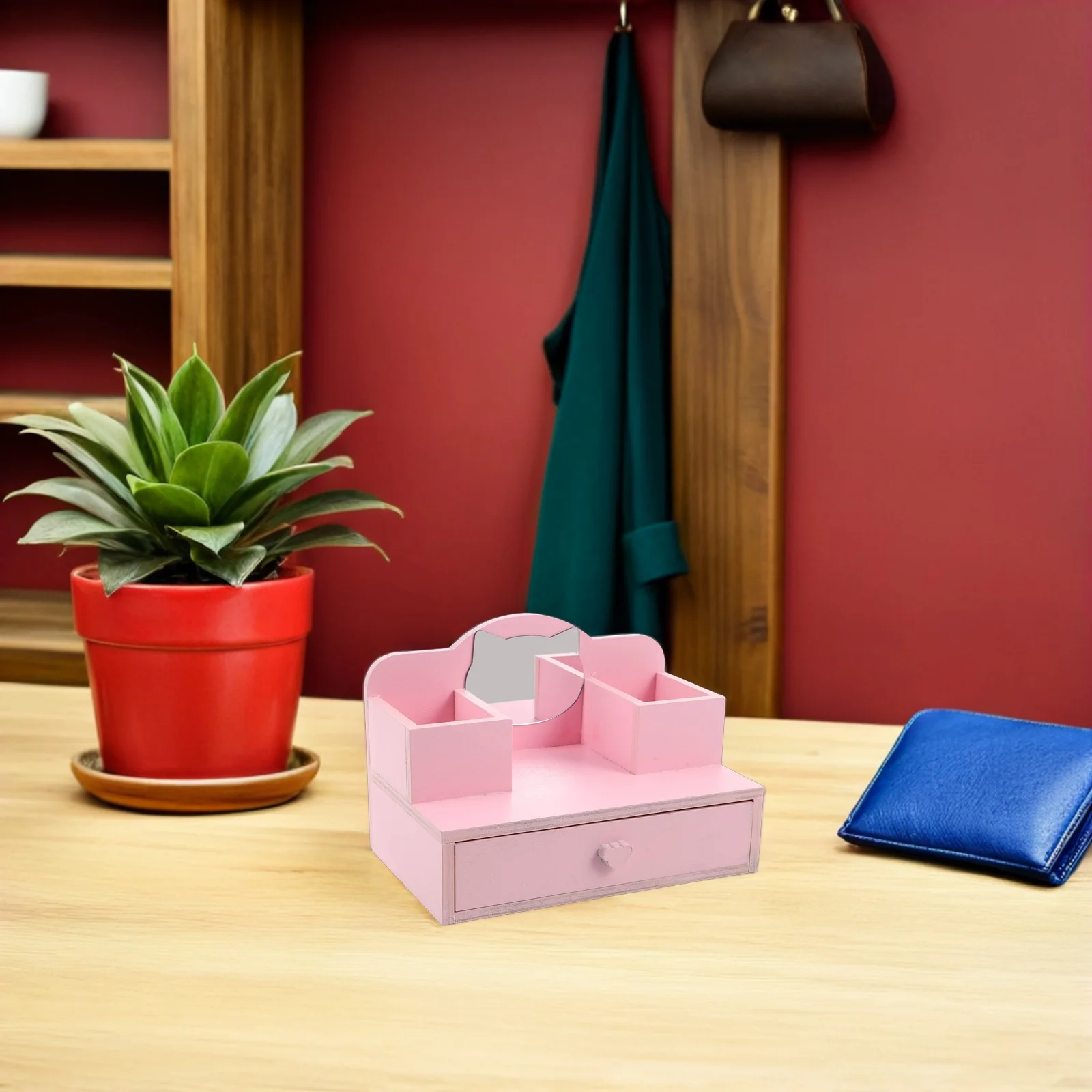 

Miniature Dollhouse Vanity Table Pink Wooden Dressing with Mirror Drawers for Kids Pretend Play Princess Theme Room Decor