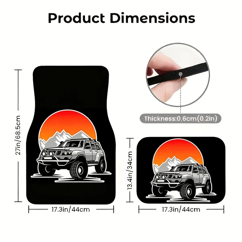 4pcs Retro Trendy Off-Road Jeep Sunset Scenery Car Mats Set, Universal Fit For Cars, Trucks, And SUVs - Perfect Gift For Family