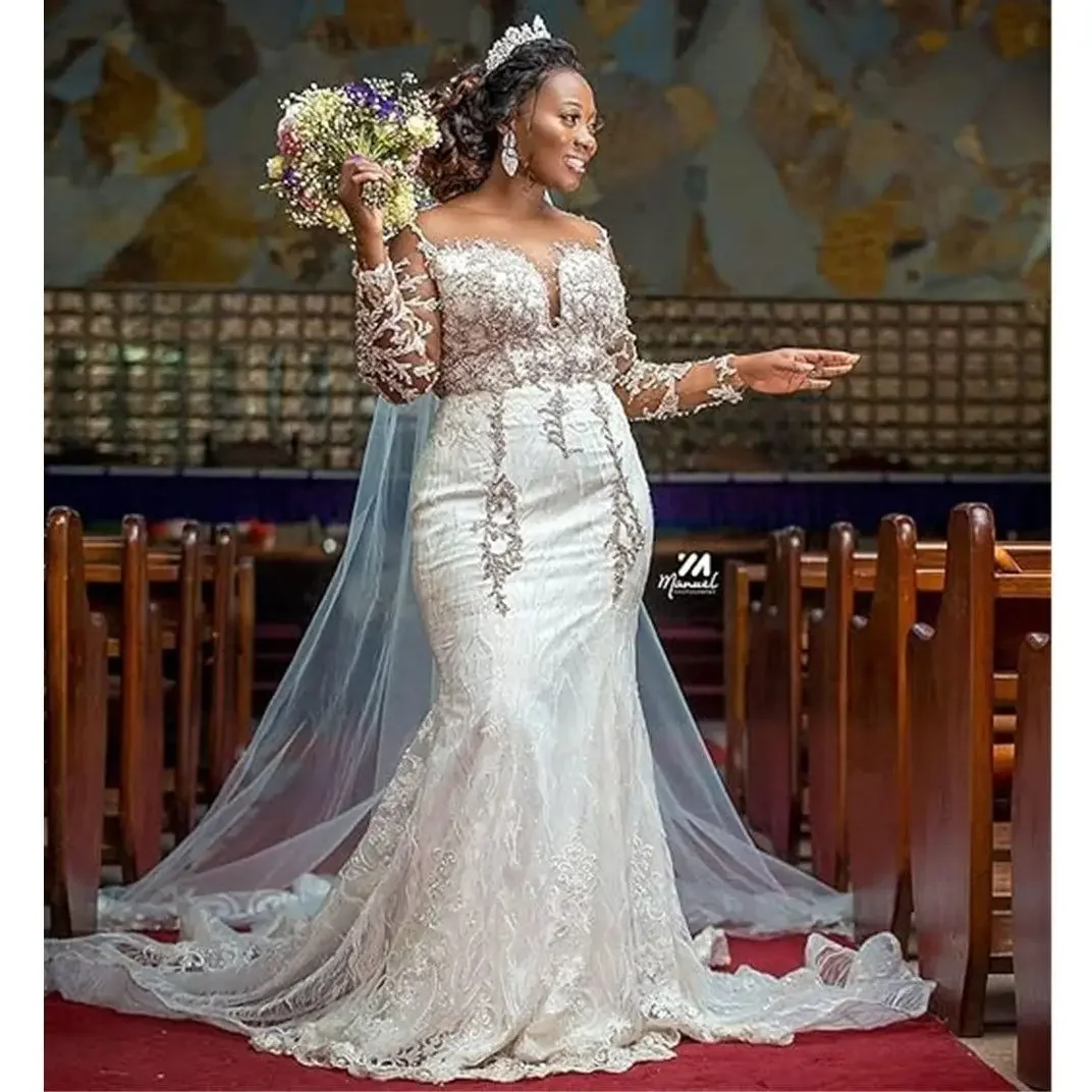 Customized Wedding Dresses Plus size Mermaid Sparkly Crystal Bridal Gown Lace Beaded Royal Train Long Sleeve Black Girl Vestidos