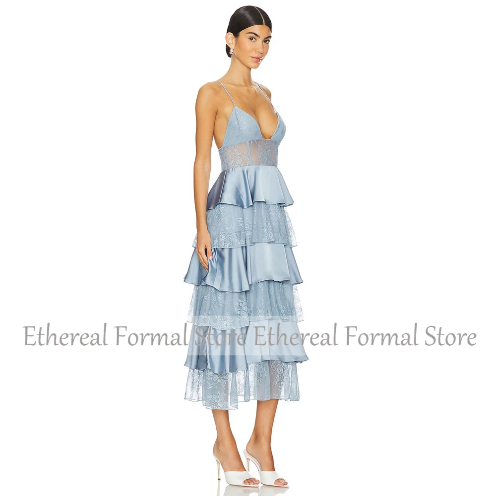 Gaun Malam Renda Seksi Modern Gaun Prom Formal Wanita A Line Gaun Pesta Tali Spaghetti Gaun Ruffles Berjenjang Panjang Teh