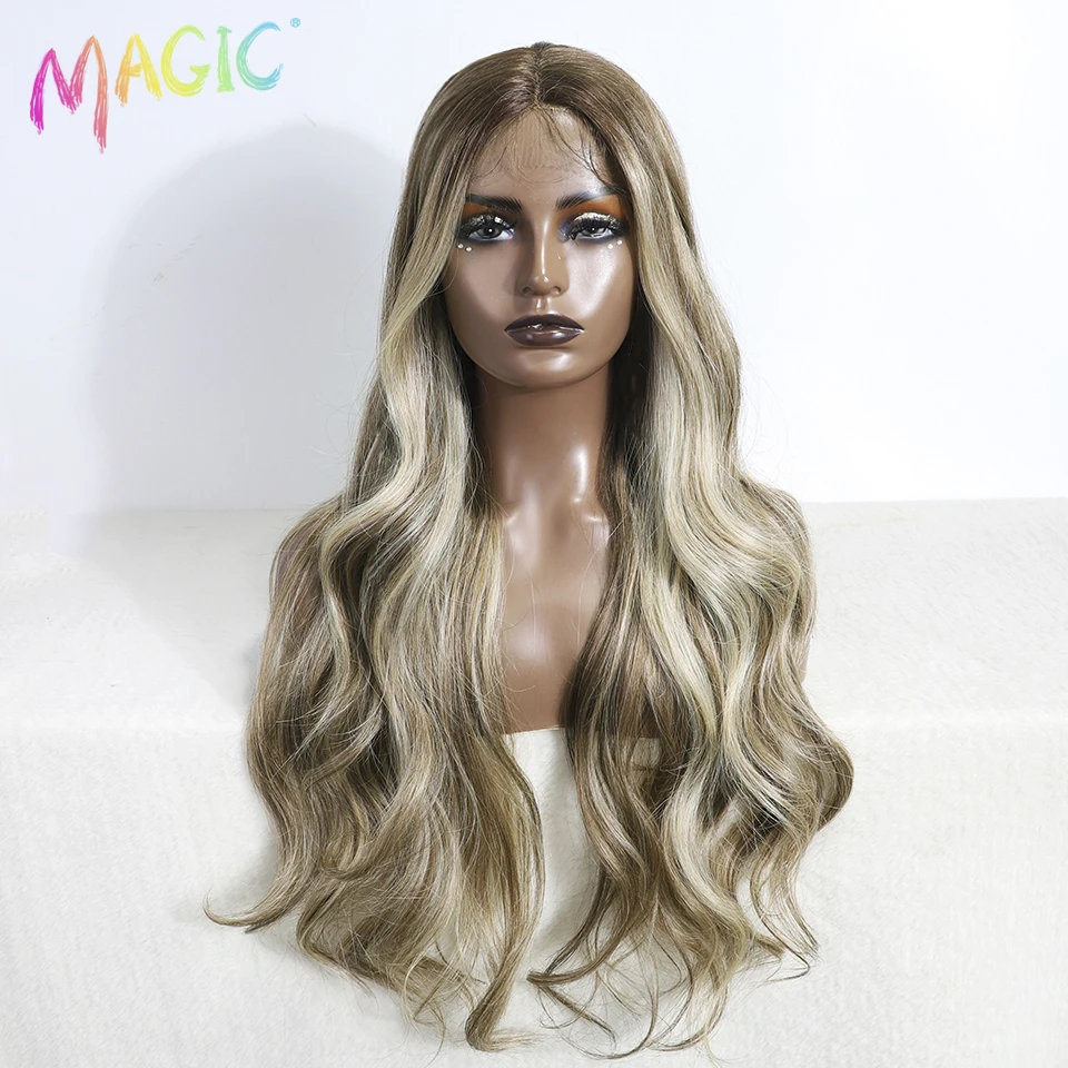 Magic Body Wavy Synthetic Lace Front Wigs For Black Women 30 inch Ombre Brown Higlight Lace Wig With Baby Hair Cosplay Wig