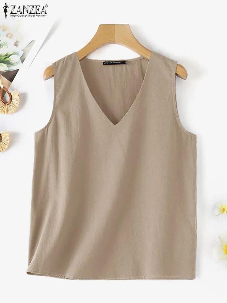 ZANZEA Sleeveless Casual Loose Tunic Tops Women Summer V Neck Cotton Tanks Elegant Solid Color 2024 Fashion Shirts Femininas