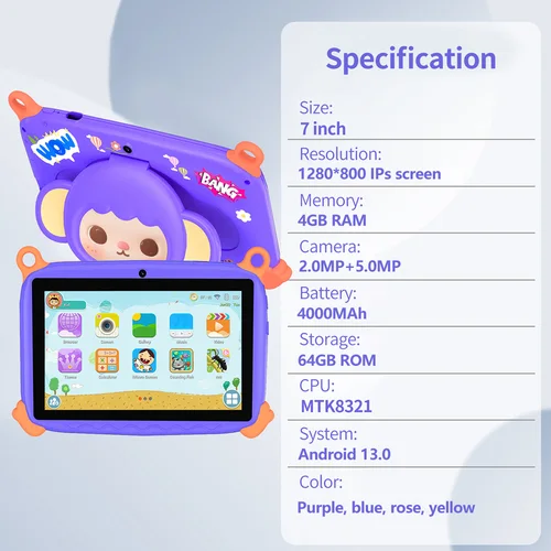 Imagen 2 del producto Nueva Tablet Infantil de 7 Pulgadas con Diseño de Mono Animado, Android 13, 4GB de RAM, 64GB de ROM, Expandible a 1TB, Batería de 4000MAH, Cámaras Duales