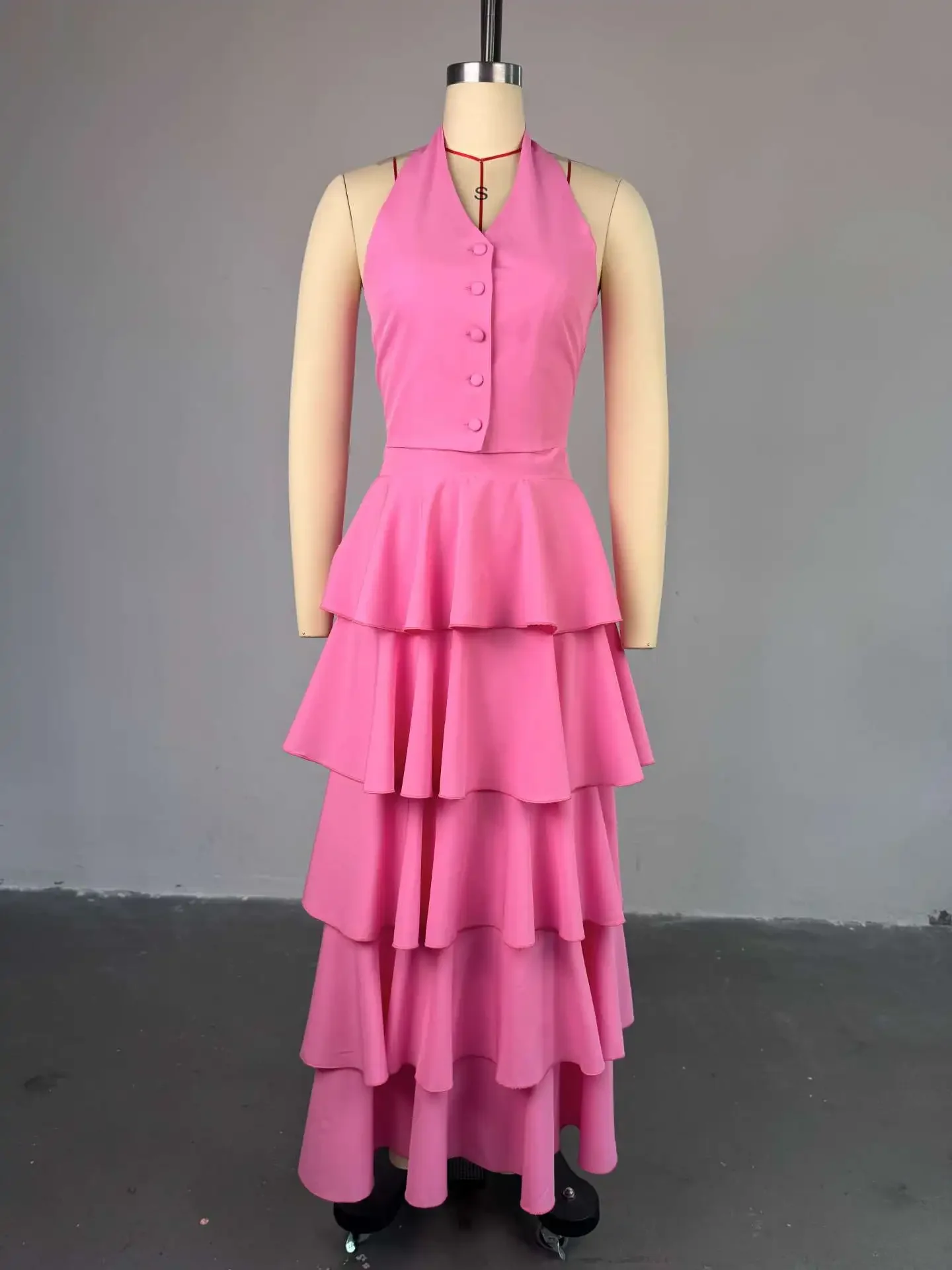 

Элегантный комплект из 2 предметов, женский наряд, новинка лета 2025 года, укороченный жилет с лямкой на шее и открытой спиной на шнуровке, повседневный многослойный костюм с высокой талией и юбкой-тортом