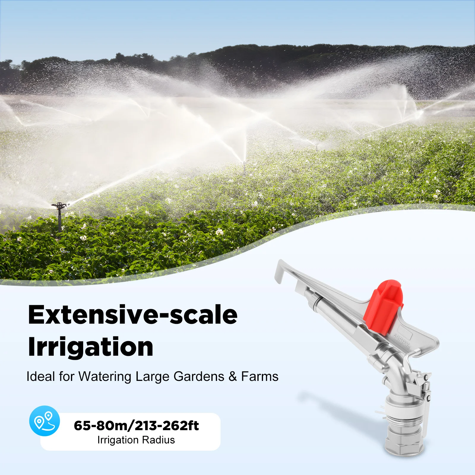 

Спринклерная насадка для орошения, диапазон 65–80 м, 360° ° Вращение, двойные насадки, цинковый сплав, для фермы и сада, поток 18-20,5 м3/ч