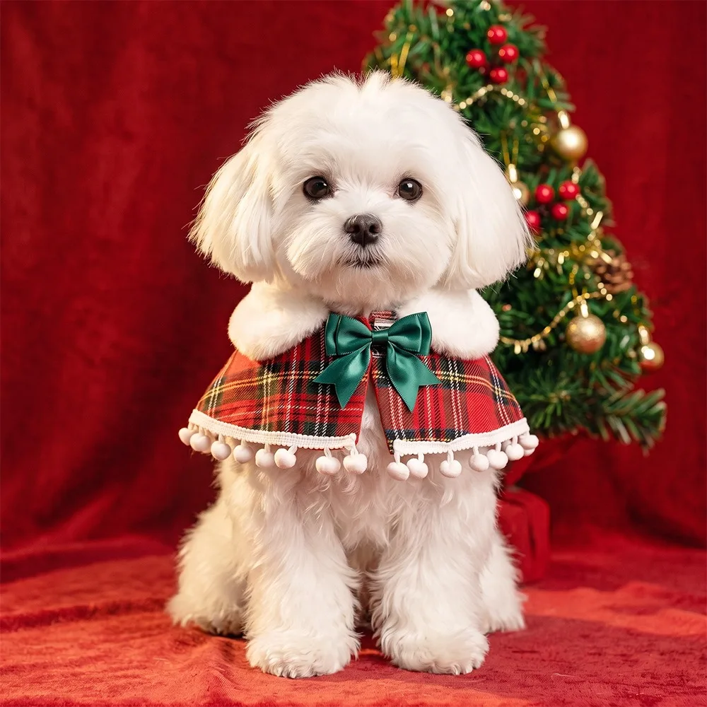 Plaid Pattern Christmas Pet Cape Fleece Lined with Bowknot Xmas Cat Shawl Warm British-style New Year's Cat Cloak Winter