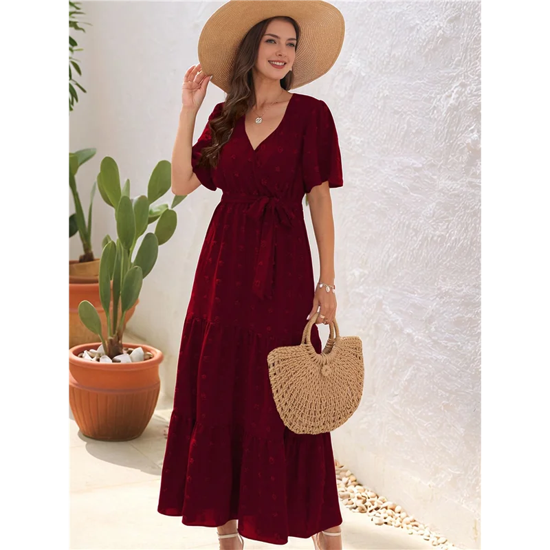 

Boho Dot Summer Maxi Dresses For Women Wrap V Neck Short Sleeve Long Flowy Church Wedding Guest Dress