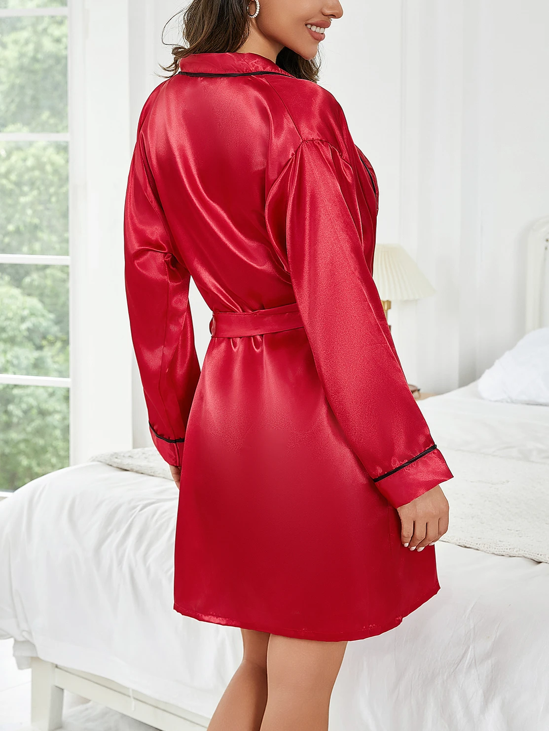Reine Farbe Kurze Robe Frauen Sommer Dünne Hause Nachtwäsche Casual Bademantel Mode Vielseitig – Detail 7