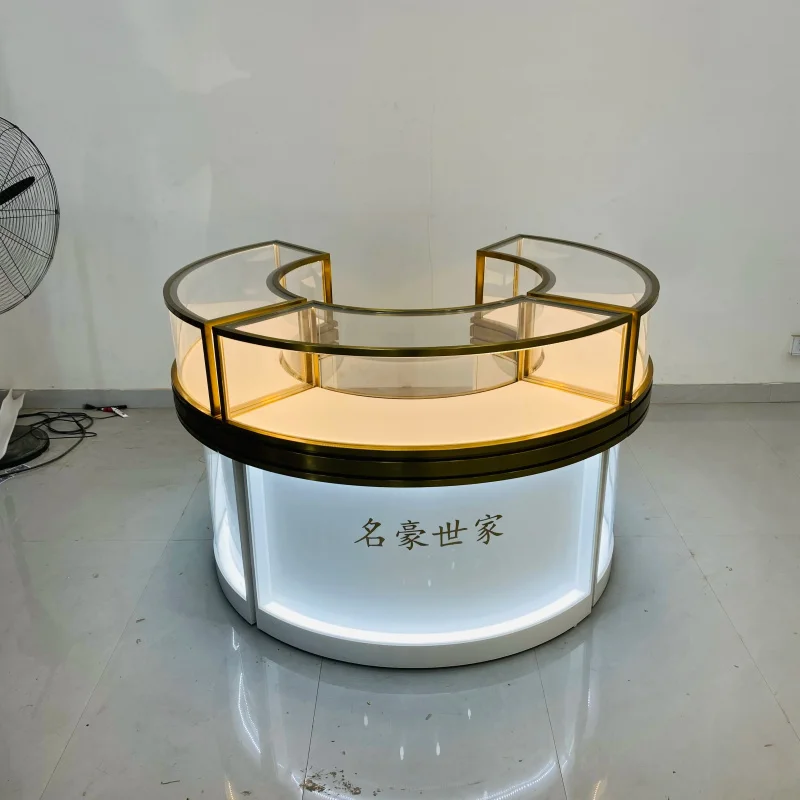 custom.Branded Jewelry Display Counter Circular Glass Cabinet Luxury Gold Frame LED Lit High-End Showcase Shopping