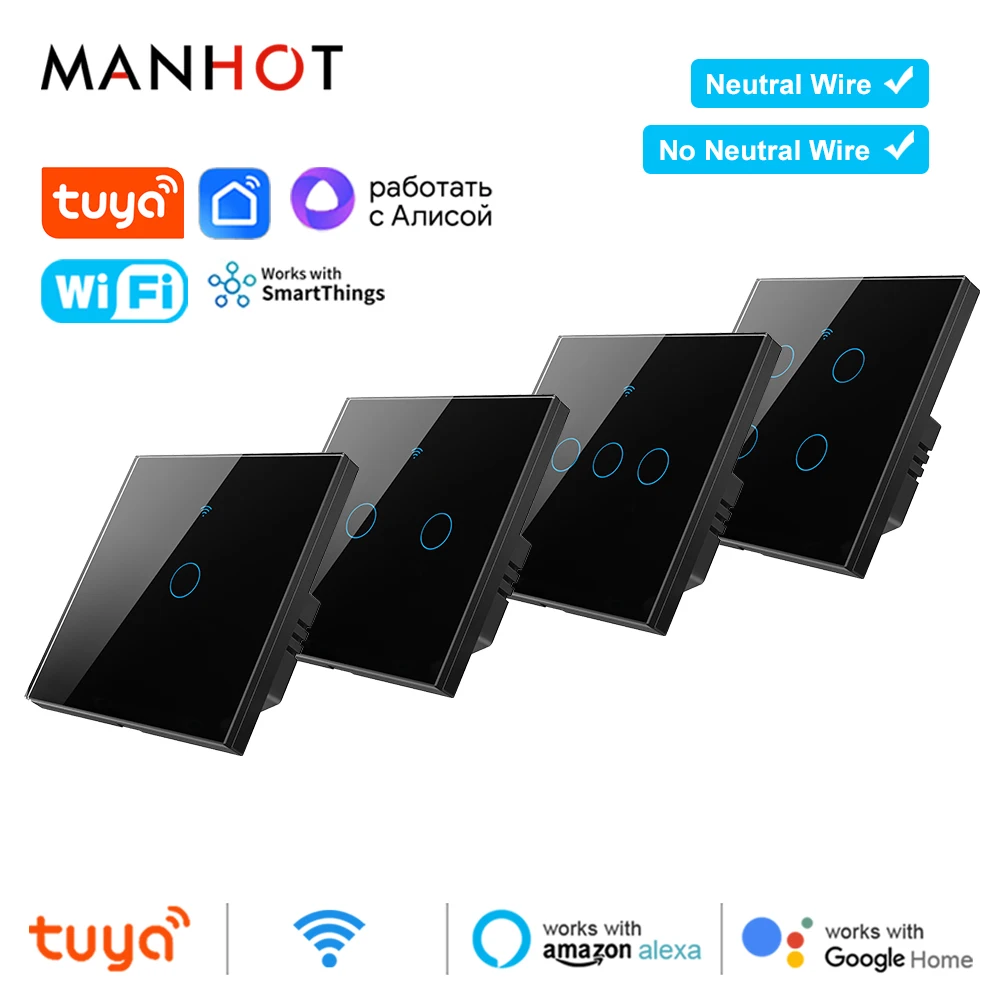 

Tuya Smart Wifi Настенный сенсорный выключатель света без нейтрального провода и с нейтральным проводом Управление через приложение 1-4Gang EU Переключатель Alexa Google Home Alice