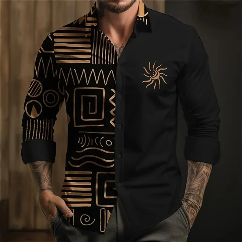 New Shirt Fashion Ball Men's Casual Collar Button Designer Clothing Splicing Black and White Printed Long Sleeve