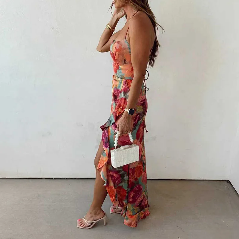 Casual Sleeveless Backless Tie Up Dress Summer New Low Cut Pleated Evening Dress Fashion Hot Girl Irregular Floral Printed Dress