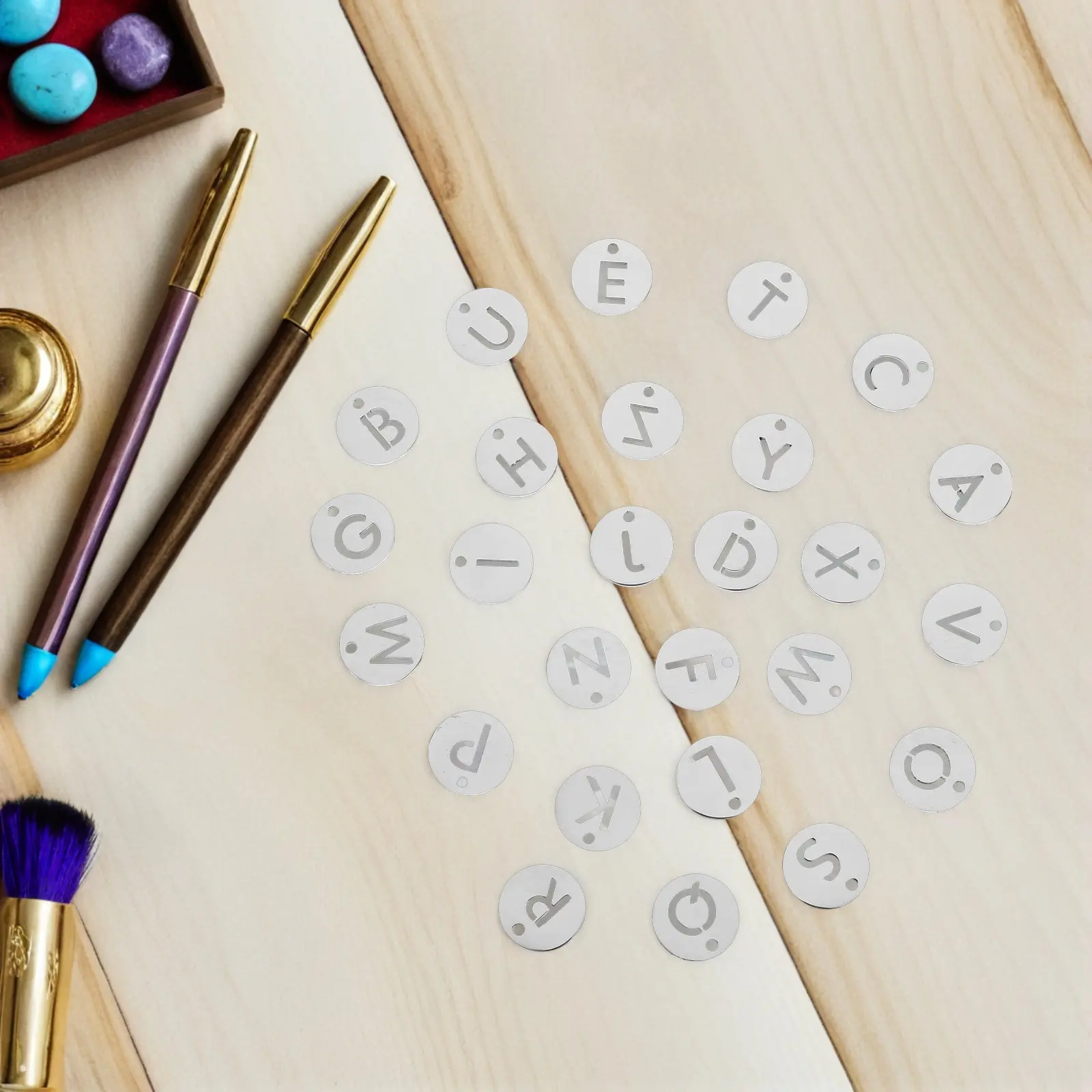 26Pcs Stainless Steel Hollow Round Letter Pendants Engraved Tags for Jewelry Necklace Bracelet Keychain Alphabet Connectors