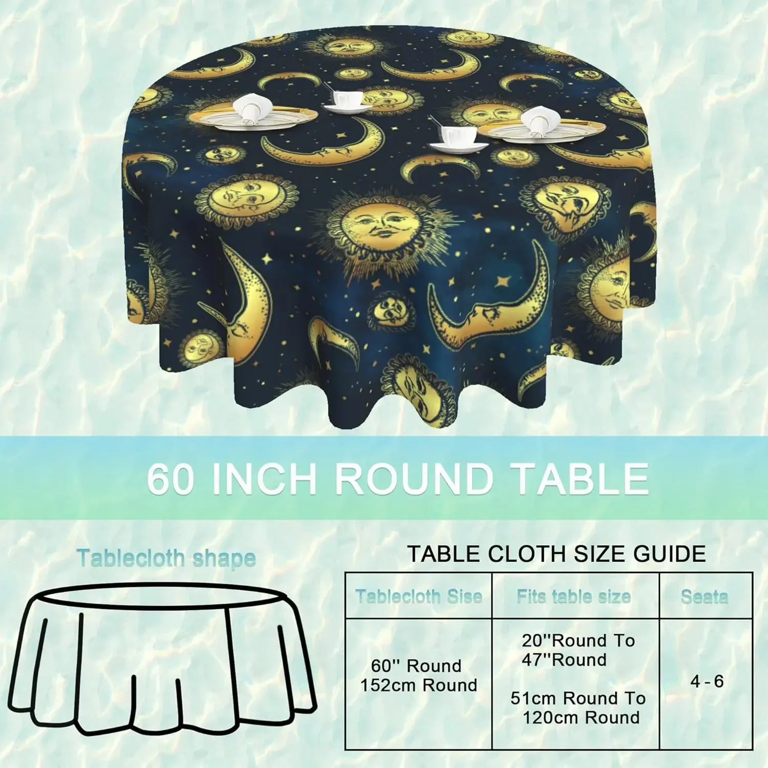 Sun Moon Stars Round Table Cloth Boho Gold Celestial Waterproof Stain Resistant Washable Circle Table Cover for Party