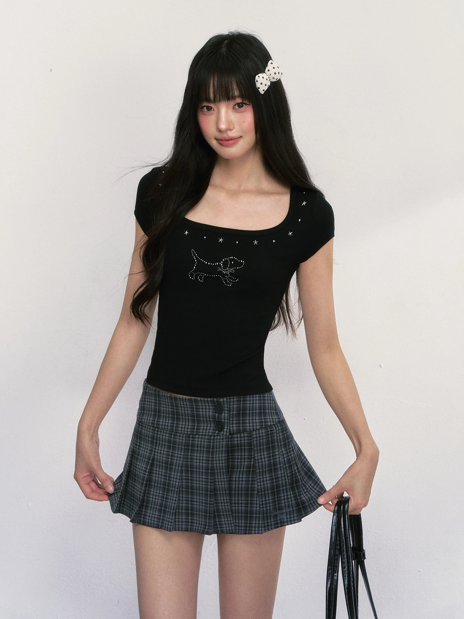 

Wedhub Dog Rhinestone Slim Fit ort Sve Square Collar T-irt Women's Summer Youthful Versatile Cotton Blend Tee