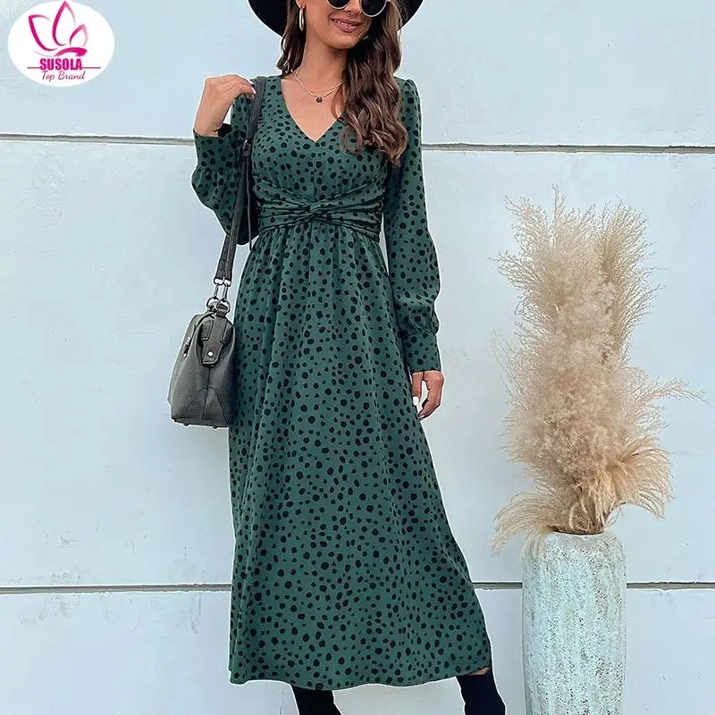 

SUSOLA Fashion Women New Green Long Sleeve Leopard Print Maxi Dress Vestido Feminino Dresses For Women 2024 Autumn Winter